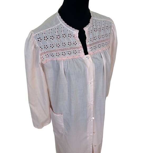 Vintage Barbizon Pink Nightgown House Robe Embroidered Full Button Eyelet Large - Picture 1 of 11